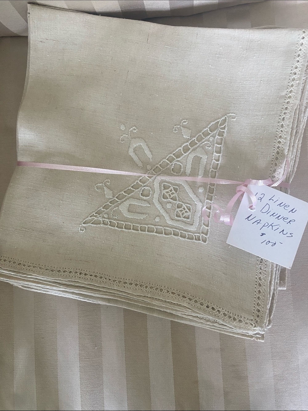 Vintage Cream Linen Dinner Napkins with White Embroidery